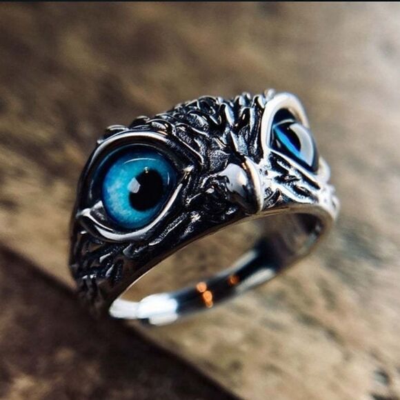 New Blue Imitation Cats Eye Owl Ring - Picture 4 of 8